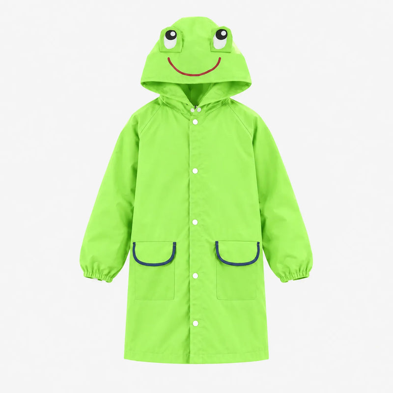Green frog rain jacket with a smiling face and raised eyes on the hood, front view with snaps and navy-trimmed pockets. 8