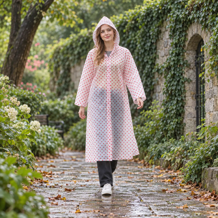 Model strolling a stone garden path in the translucent raincoat with red polka dots and the hood up. 3