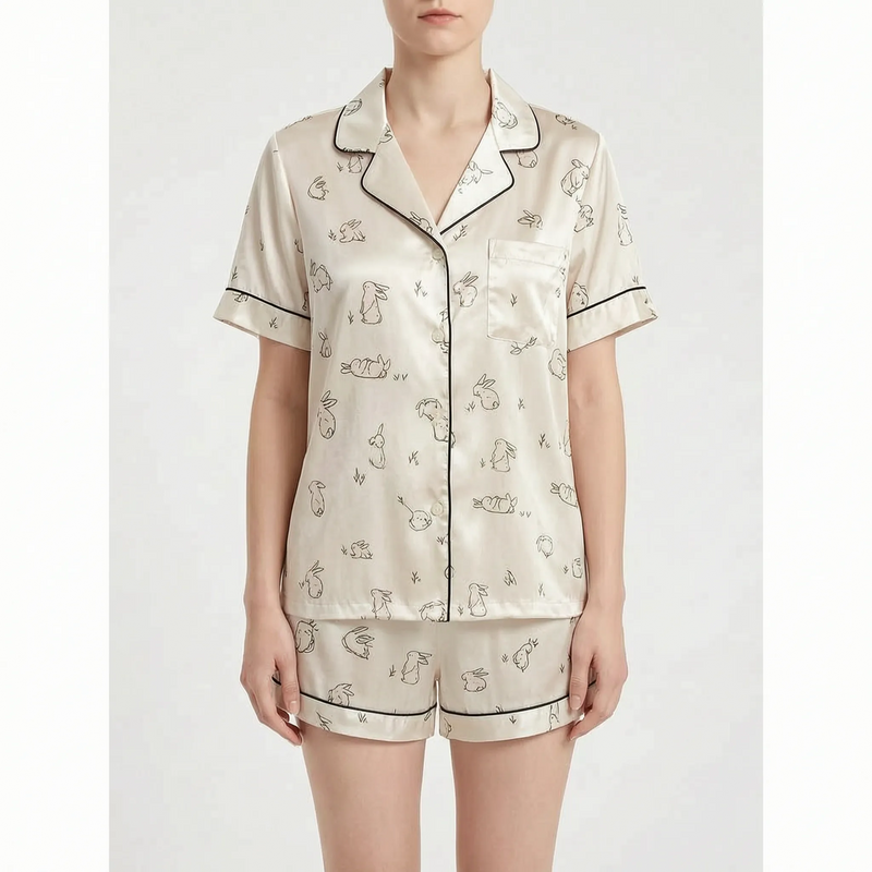 Front view on a model of a cream short pyjama set with a line-drawn rabbit print and dark piping. 7