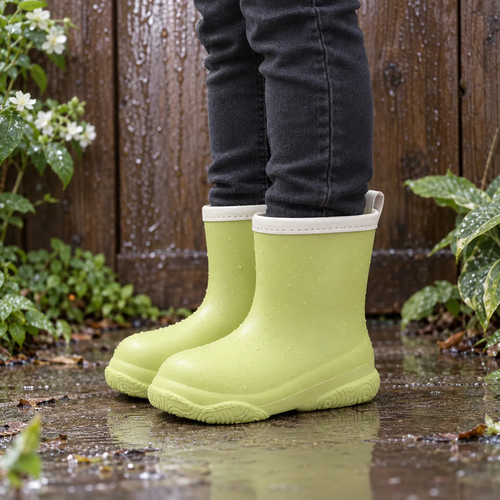 Child in dark jeans wearing light green wellies with cream collars, standing in a rain puddle with water droplets on the boots. 3