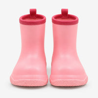 Front view of a pair of pink pull-on wellies with deeper pink stitched collars, loops and a patterned sole. 5