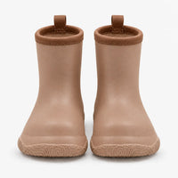 Front view of a pair of tan wellies with brown stitched collars, pull loops and a swirl-patterned sole. 8