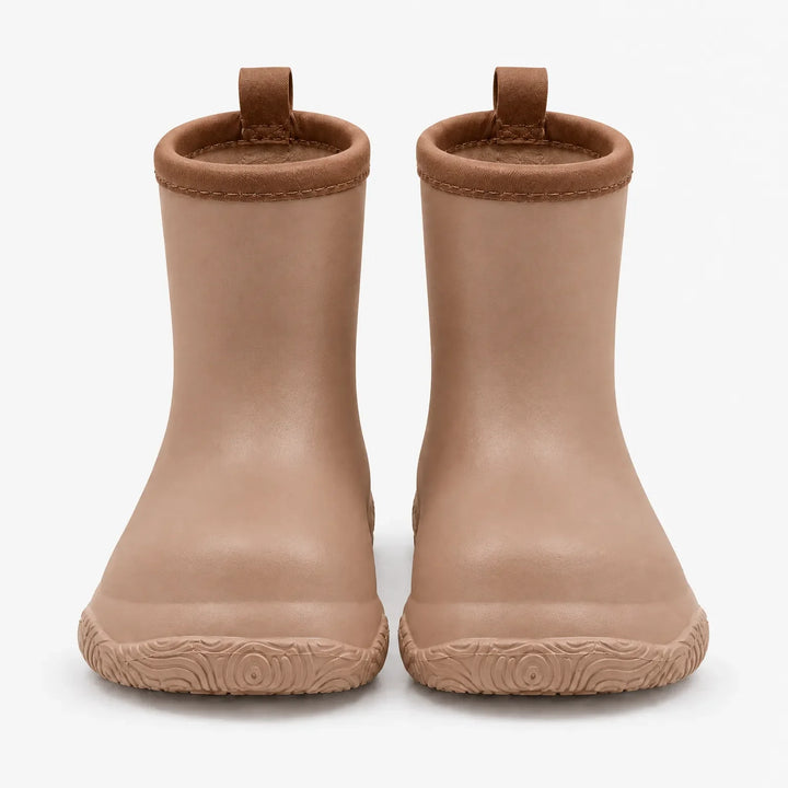 Front view of a pair of tan wellies with brown stitched collars, pull loops and a swirl-patterned sole. 8