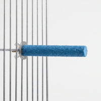 Blue gritty perch fixed horizontally to metal cage bars with a washer and wing nut, shown against a plain background. 1