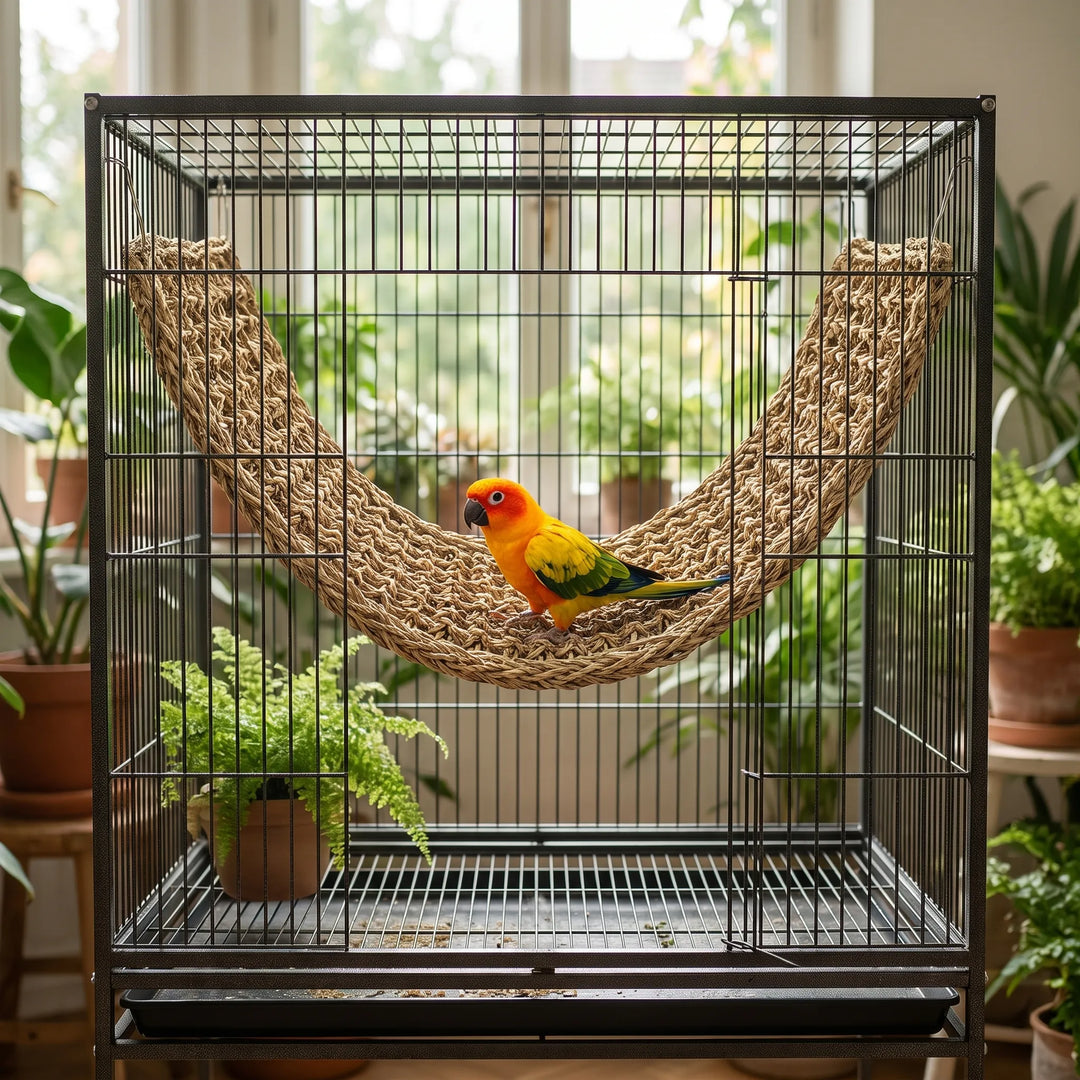 Orange and yellow parrot perched on the woven hammock inside a large black cage, surrounded by houseplants by a window. 2