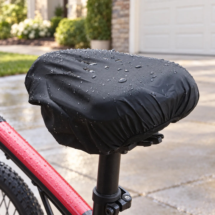 Black saddle cover beaded with water droplets on a red bike parked on a wet driveway, seen up close. 1