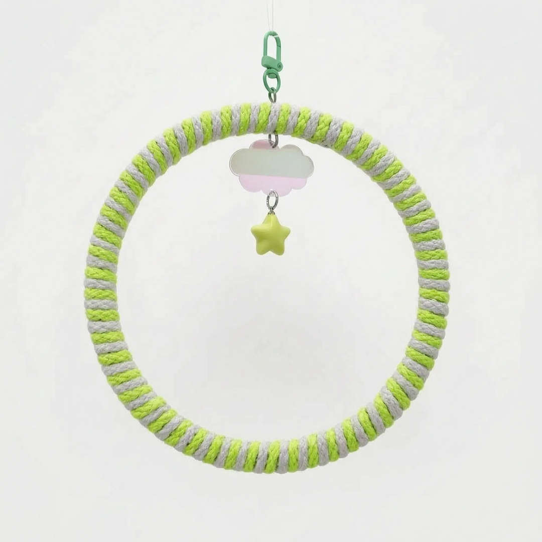 Ring swing wrapped in lime green and grey rope, with a green clip, iridescent cloud charm and yellow-green star. 4
