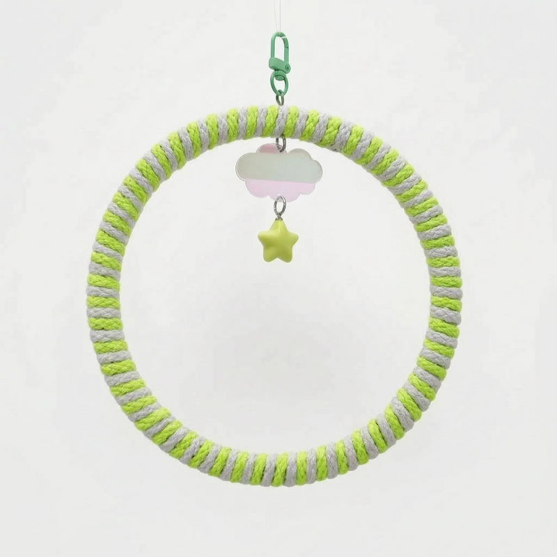 Ring swing wrapped in lime green and grey rope, with a green clip, iridescent cloud charm and yellow-green star. 4