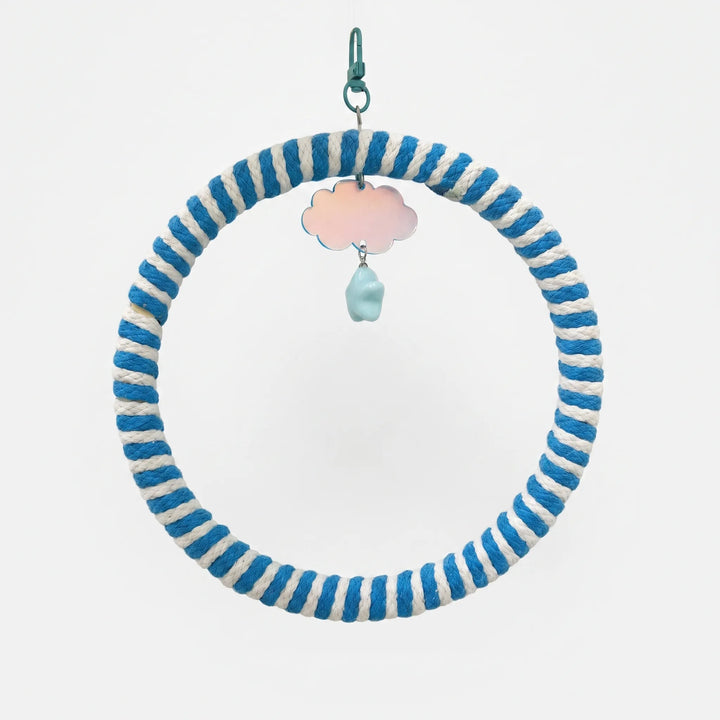 Ring swing wrapped in blue and white rope, hanging from a teal clip with a pearly cloud charm and pale blue bead. 5