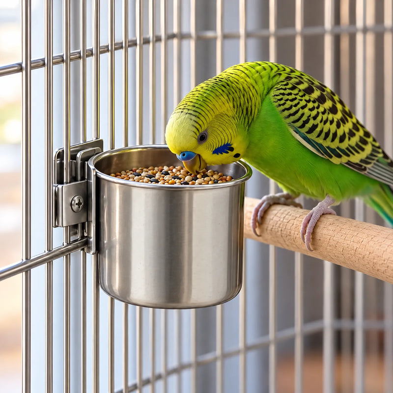 Green and yellow budgerigar perched on a wooden bar, eating seed from a steel cup clipped to the cage bars. 2