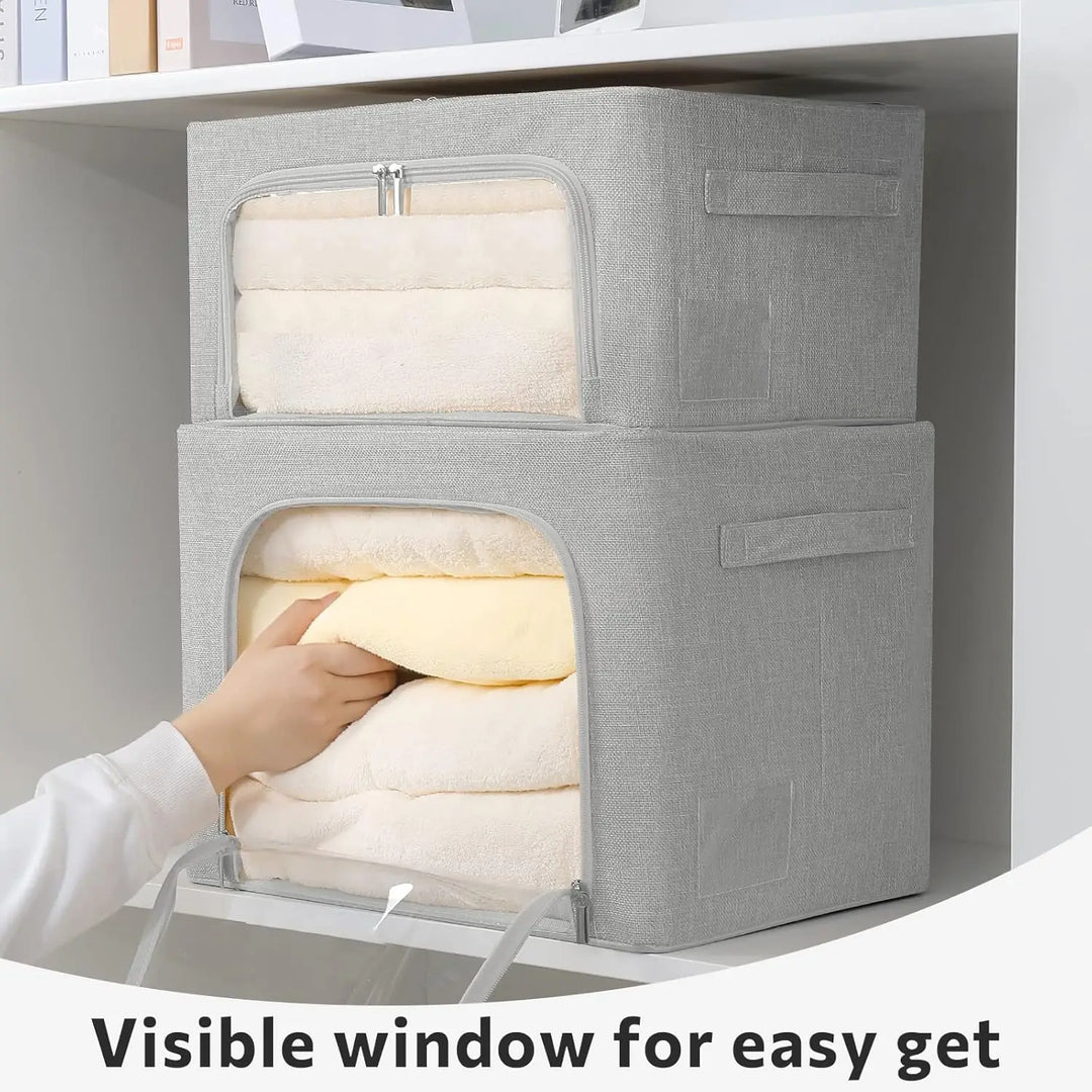 Stackable Linen Fabric Storage Boxes with Clear Window – Elara