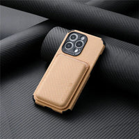 Beige woven-texture case with the magnetic card wallet attached, leaning on rolled dark fabric 6