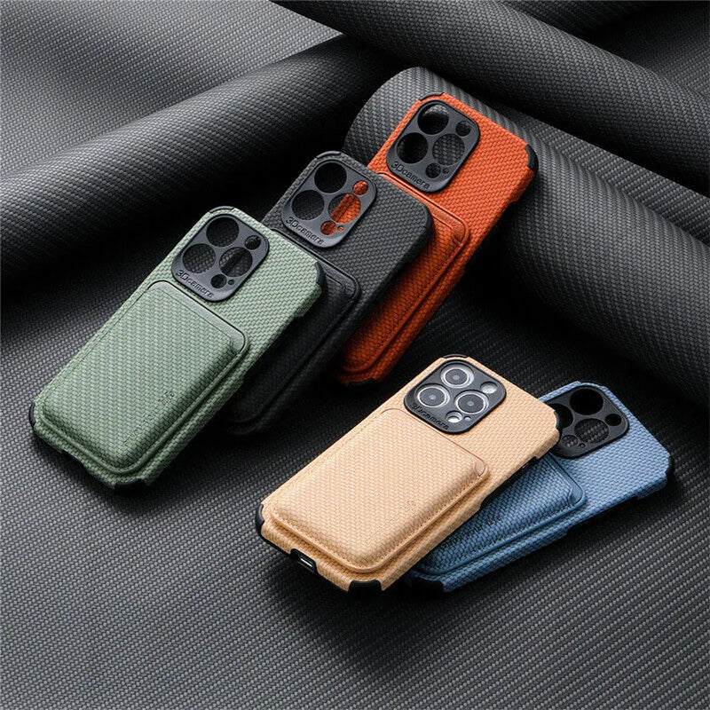 Five woven-textured phone cases with attached card wallets in green, black, orange, beige and blue on dark fabric 1