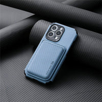 Back of the blue case with the attached card wallet, leaning on rolled dark textured fabric 7