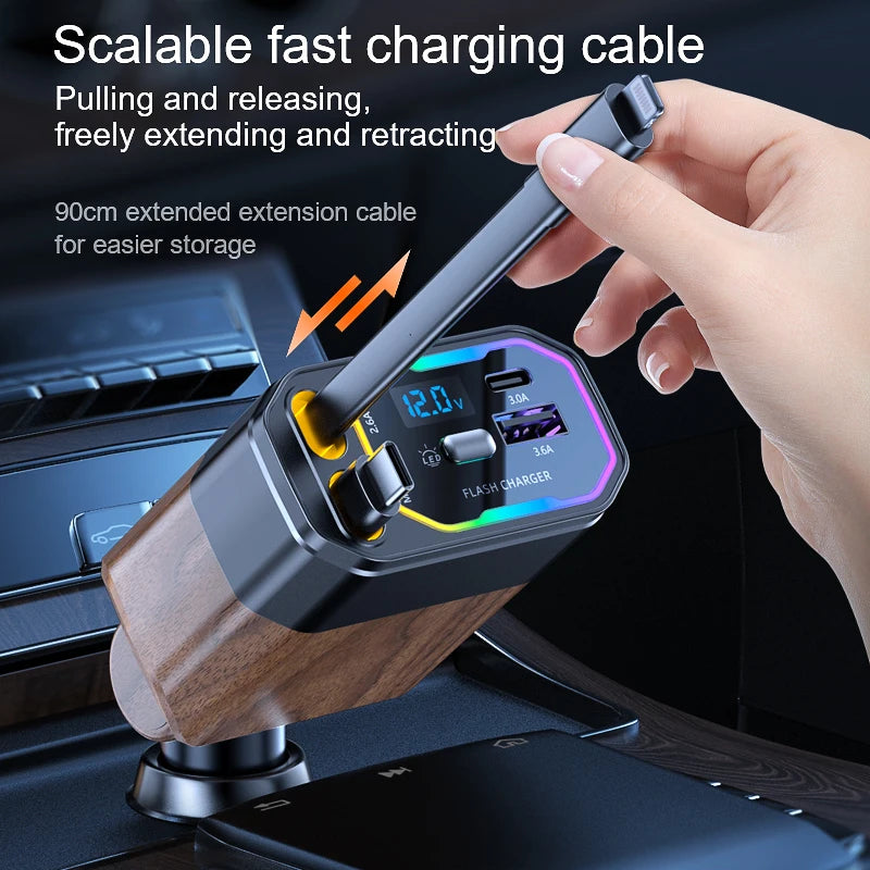 120W 4-in-1 Retractable Car Charger with USB-C & Cigarette Lighter Adapter – Vega