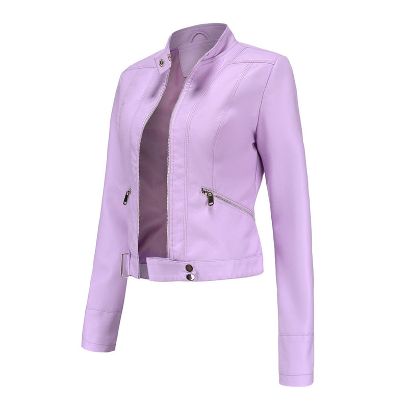 Side-angle view of the light lilac cropped jacket, open at the front, with diagonal pocket zip and snap hem tab 6