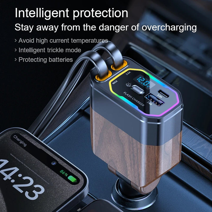 120W 4-in-1 Retractable Car Charger with USB-C & Cigarette Lighter Adapter – Vega