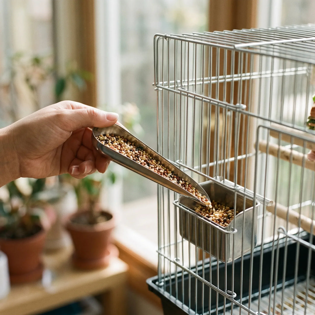 Hand using the scoop to pour mixed seed into a metal feeding dish clipped to a wire bird cage. 2