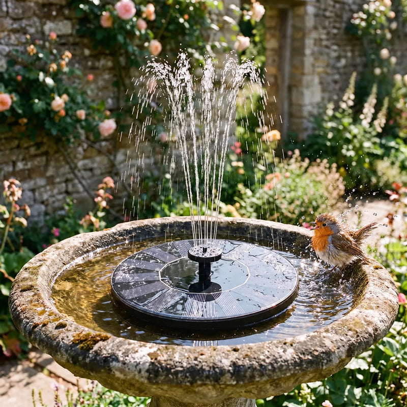Solar fountain floating in a mossy stone bird bath in a rose garden, with a robin splashing at the edge. 2