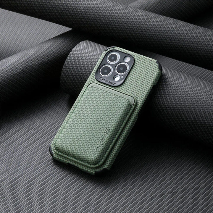 Green woven-texture case with the magnetic card wallet attached, leaning on rolled dark fabric 7
