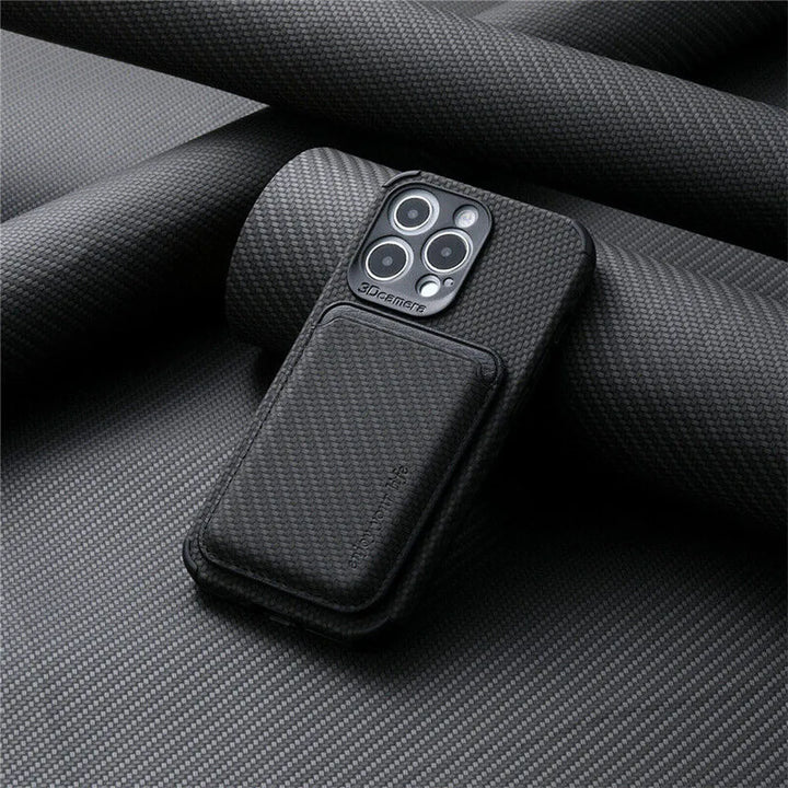 Black woven-texture case with the card wallet attached to the back, resting on dark fabric 4