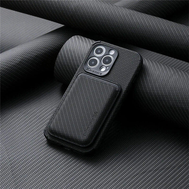 Black woven-texture case with the card wallet attached to the back, resting on dark fabric 4