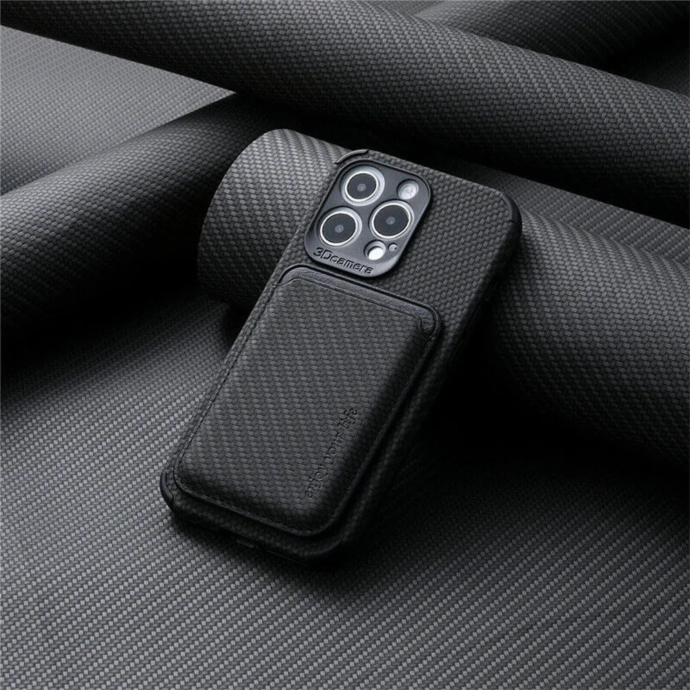 Black case with card wallet attached, resting against rolled carbon-fibre fabric 4