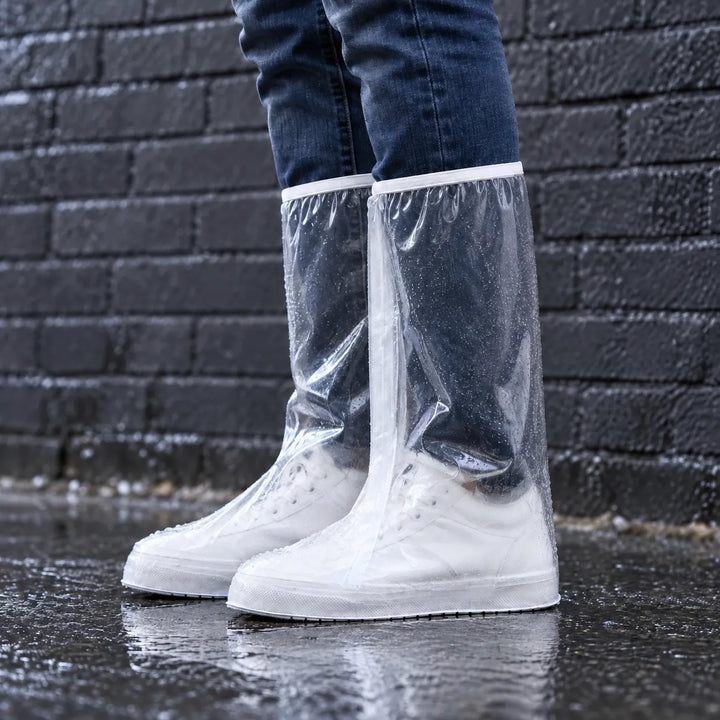 Clear knee-high overshoes with a white trim worn over white sneakers, standing in a rain puddle in front of a dark brick wall. 1