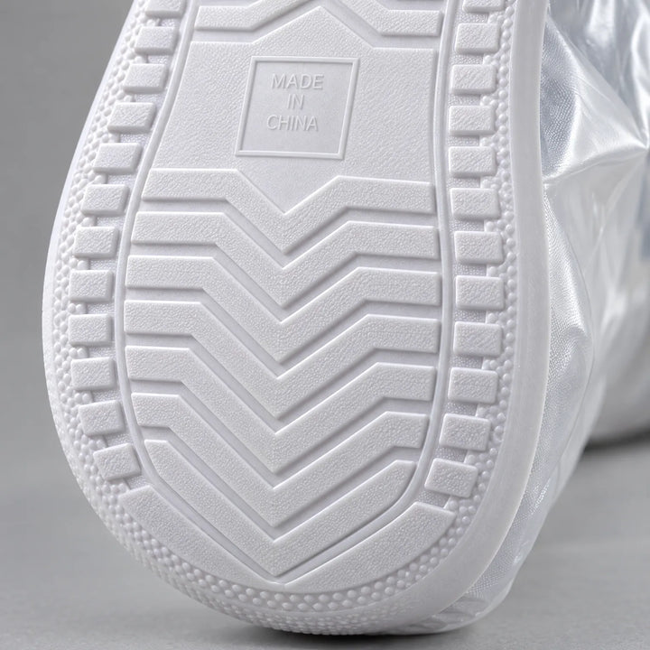 Close-up of the white rubber sole of an overshoe, showing its chevron tread pattern and ridged edge. 6