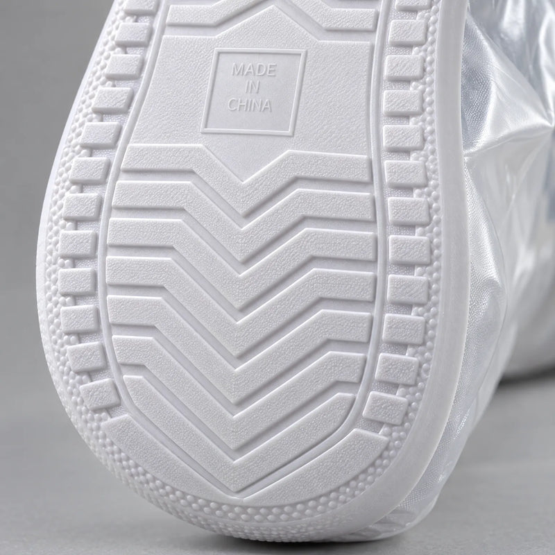 Close-up of the white rubber sole of an overshoe, showing its chevron tread pattern and ridged edge. 6