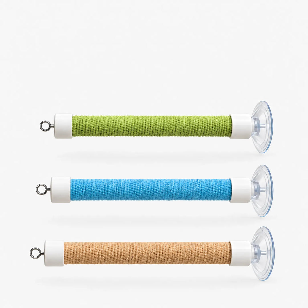Three bird perches stacked in a row, wrapped in green, blue and natural tan textured cord, each with a clear suction cup and metal hook. 1
