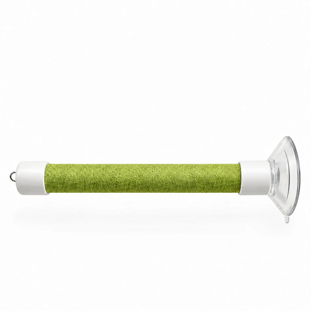 Single green perch on a plain white background, showing the textured wrap, white end caps, metal hook and clear suction cup. 5