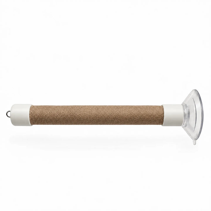 Single perch with a natural tan woven wrap on a plain white background, with white end caps, metal hook and clear suction cup. 7
