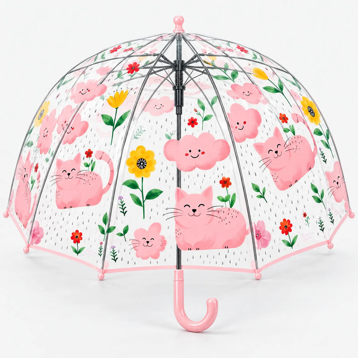 Clear dome umbrella with light pink trim and handle, printed with smiling pink cats, clouds, flowers and raindrops, seen from slightly below. 13