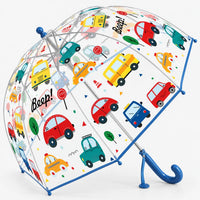 Clear dome umbrella with blue trim and handle, tilted at an angle to show the colorful car, taxi and bus print. 15