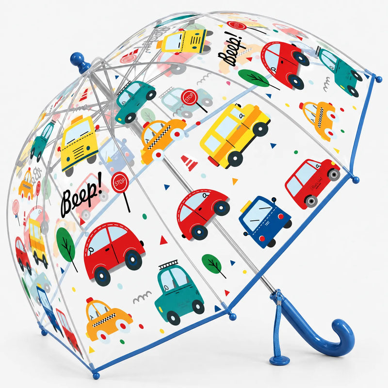 Clear dome umbrella with blue trim and handle, tilted at an angle to show the colorful car, taxi and bus print. 15