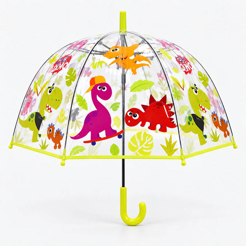 Clear dome umbrella with lime green trim and handle, printed with cartoon dinosaurs, including one on a skateboard, among leaves on white background. 4