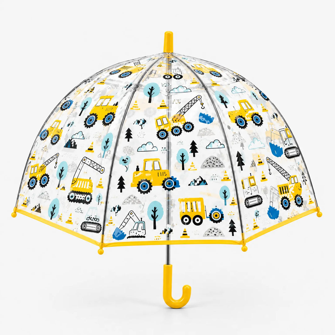 Clear dome umbrella with yellow trim and handle, printed with yellow construction vehicles, cranes, trees and traffic cones, front view on white background. 5