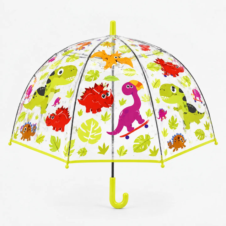 Clear dome umbrella with lime green trim and handle, printed with dinosaurs, a purple one on a skateboard, and large green leaves. 8