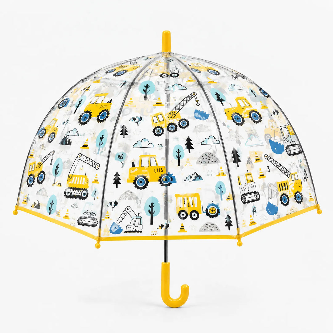 Clear dome umbrella with yellow trim and handle, printed with yellow tractors, excavators, cranes and light blue trees, front view. 9