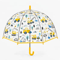 Clear dome umbrella with yellow trim and handle, printed with yellow tractors, excavators, cranes and light blue trees, front view. 9