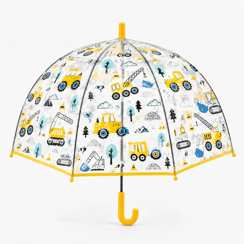 Clear dome umbrella with yellow trim and handle, printed with yellow tractors, excavators, cranes and light blue trees, front view. 9