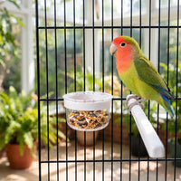 Bowl filled with mixed seeds hanging on the bars of a black cage, with a green and orange lovebird perched beside it. 2