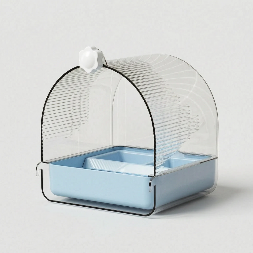 Bath with a pale blue base and white knob, shown on a plain light background without a cage. 5