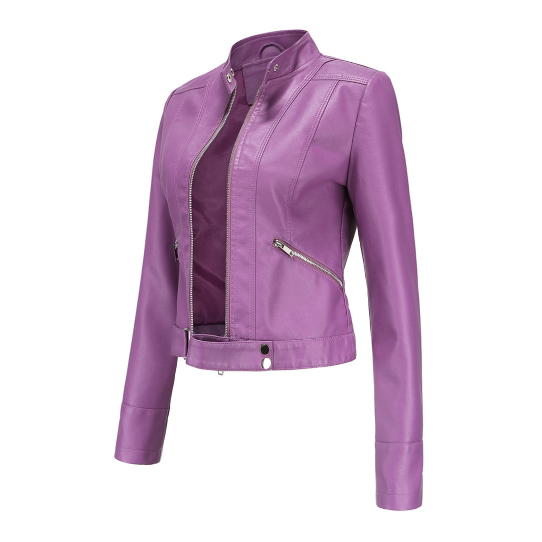 Purple cropped jacket from an angled side view, showing open zip front, diagonal pocket and snap hem 7