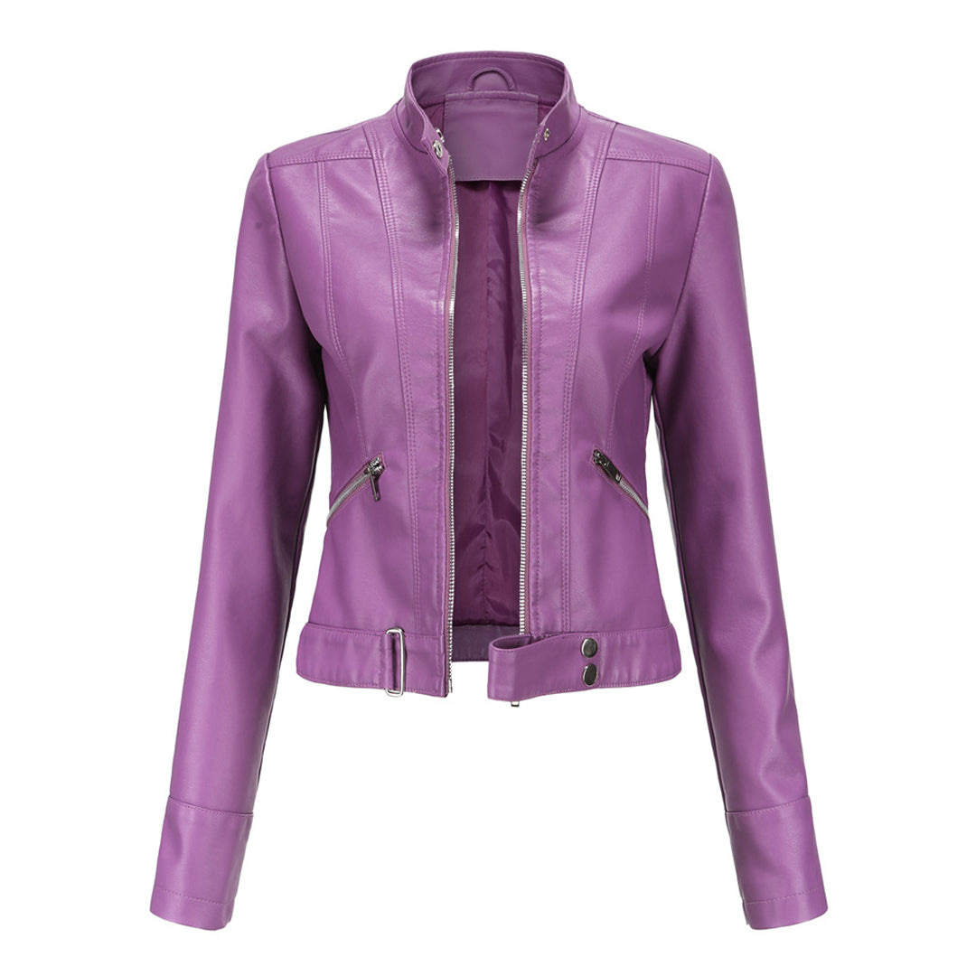 Front view of the cropped jacket in rich purple, unzipped, showing lining, zipped pockets and belted hem 4