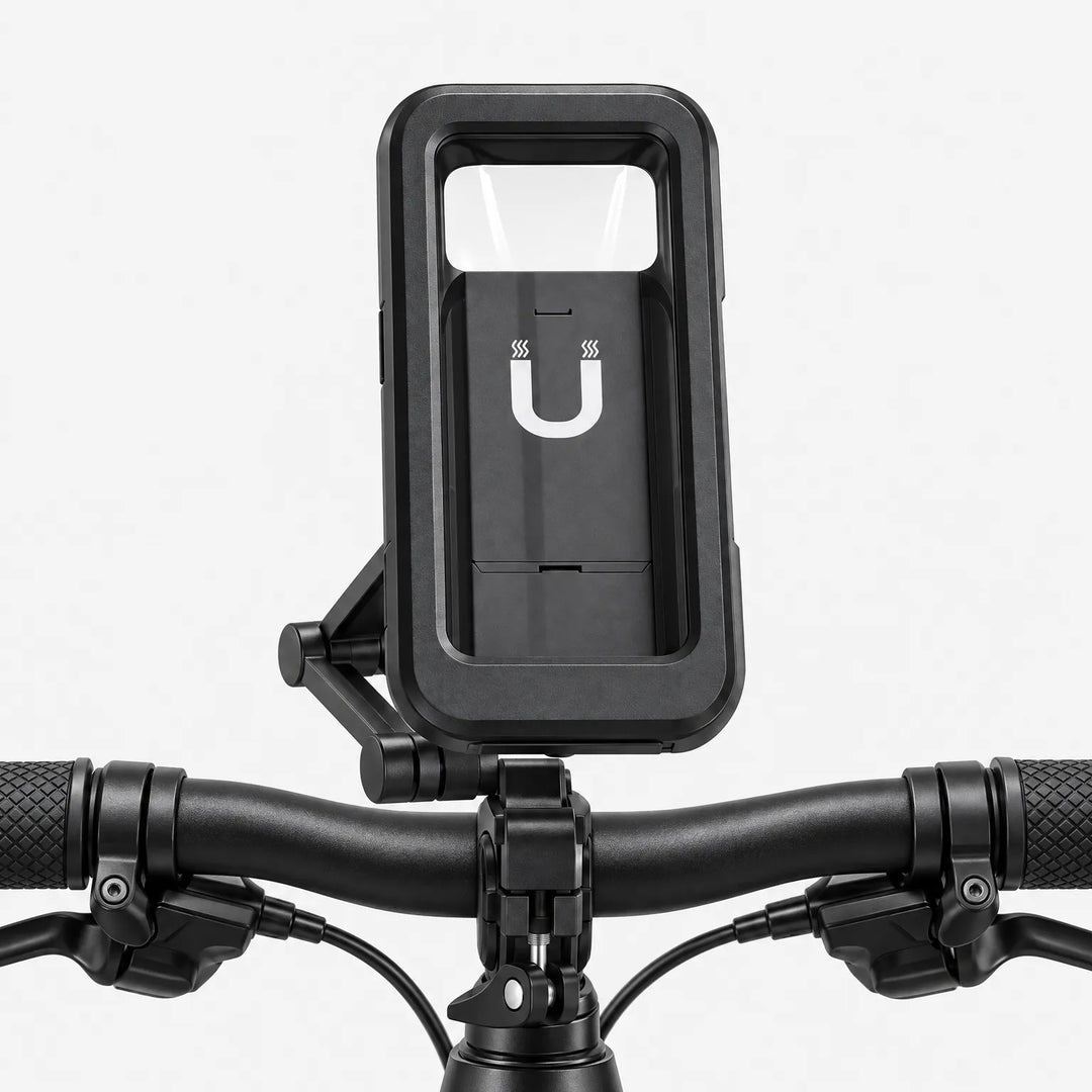 Front view of the black phone mount attached to the center of a black bike handlebar between the grips. 4