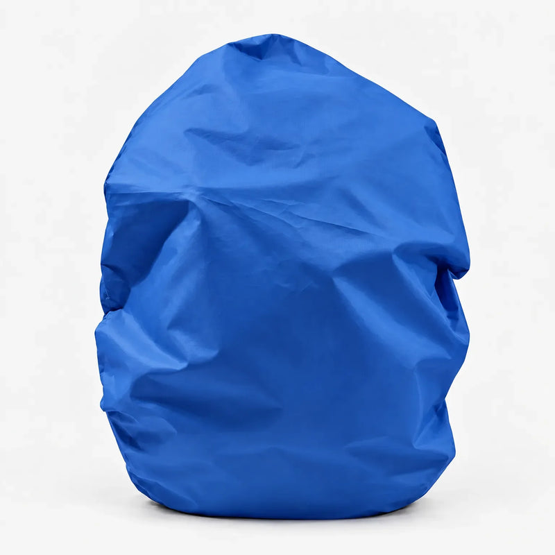 Bright blue rucksack cover pulled over a bag, shown from the front against a plain white background. 7