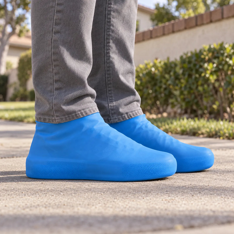 Person in grey jeans wearing blue stretchy rubber shoe covers outdoors on a sunlit pavement, seen from a low side angle. 1