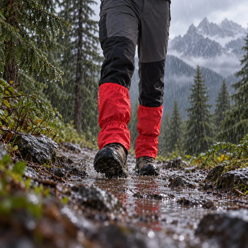 Low close-up of a hiker walking through a muddy, rain-soaked forest trail in red gaiters and boots, with mountains behind. 3